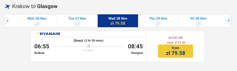 Flight Krakow to Glasgow 